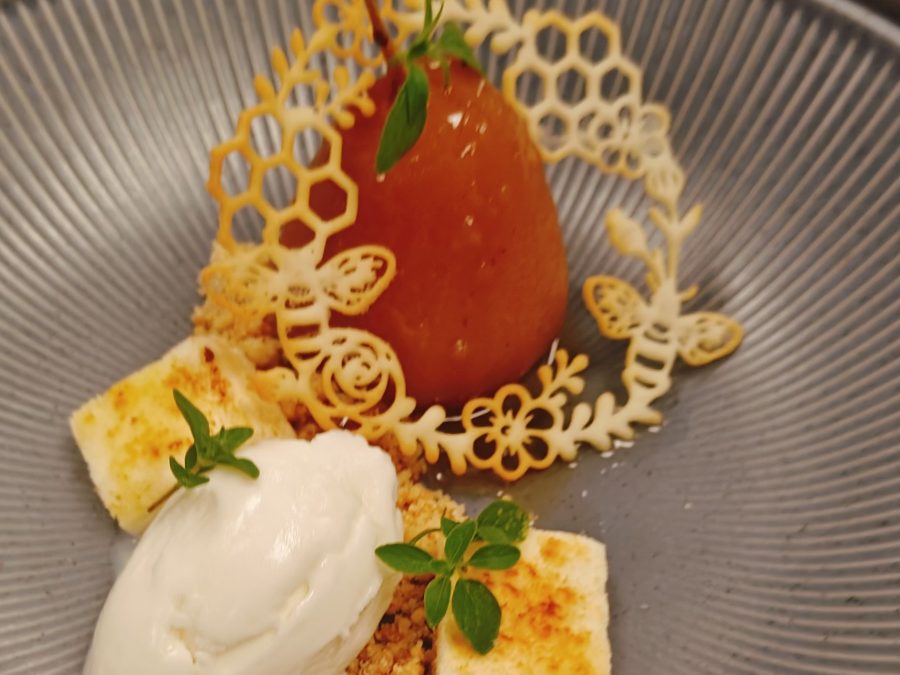 Poached Pear with Honeycomb Tuile